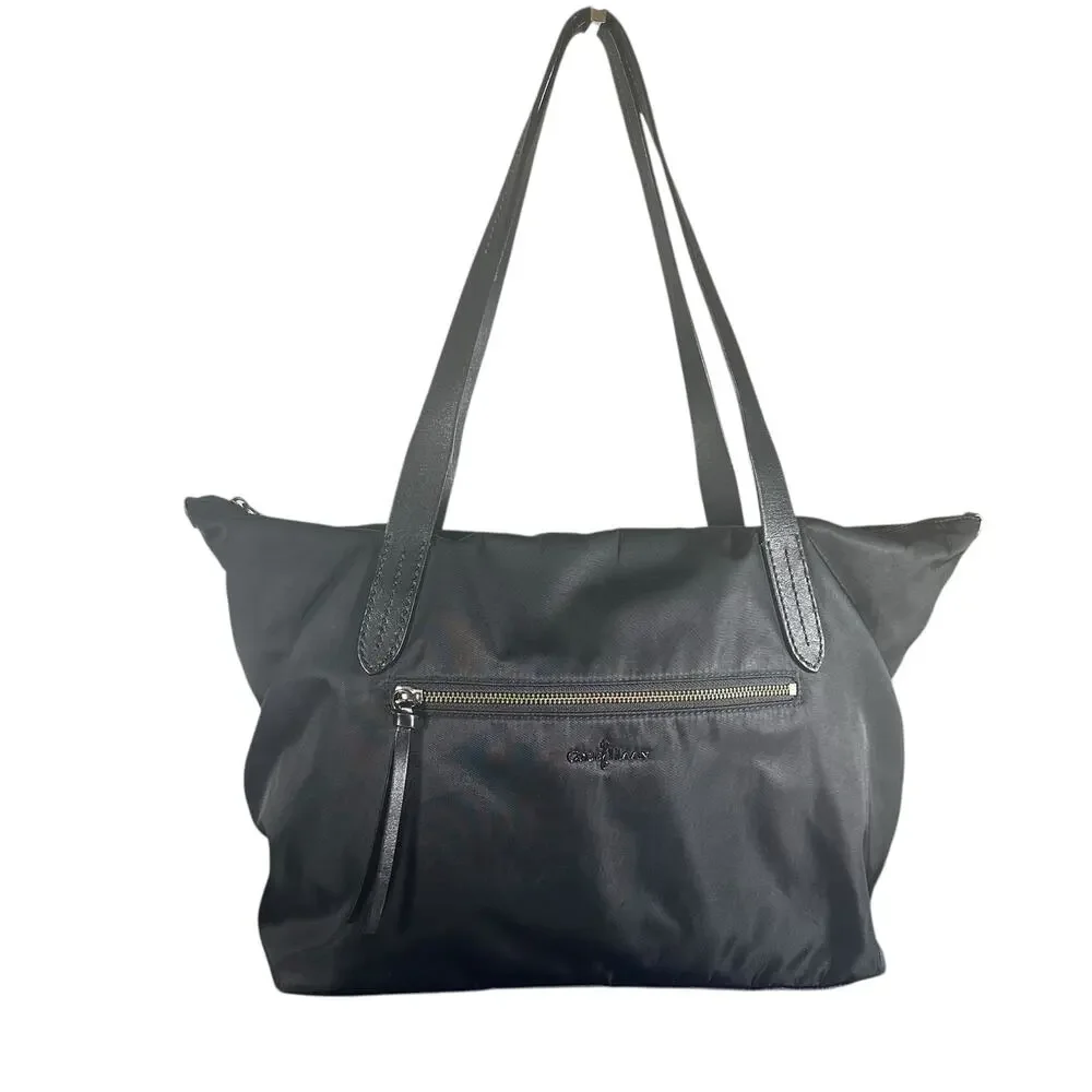 Cole Haan Black Nylon Tote Bag Leather Trim Zip Top Shoulder Bag Travel Purse